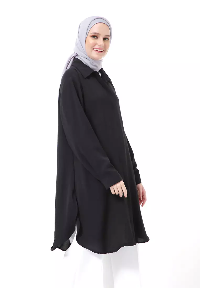 Azzahra Tunik Panjang Muslimah Wanita Long Sleeve Regular Fit Premium High Quality - Black