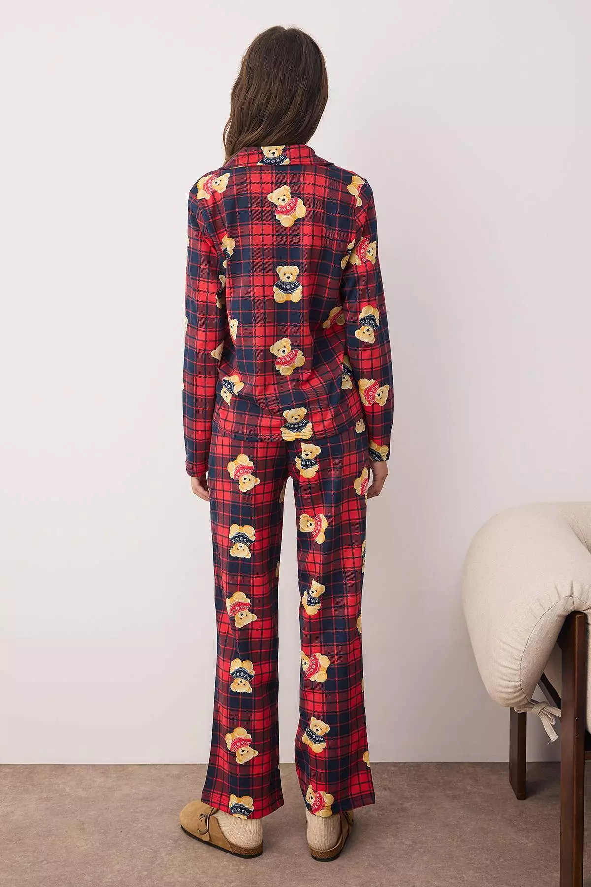 Navy Blue-Red Plaid Teddy Bear Patterned Knitted Pajama Set Thmaw26Pt00049