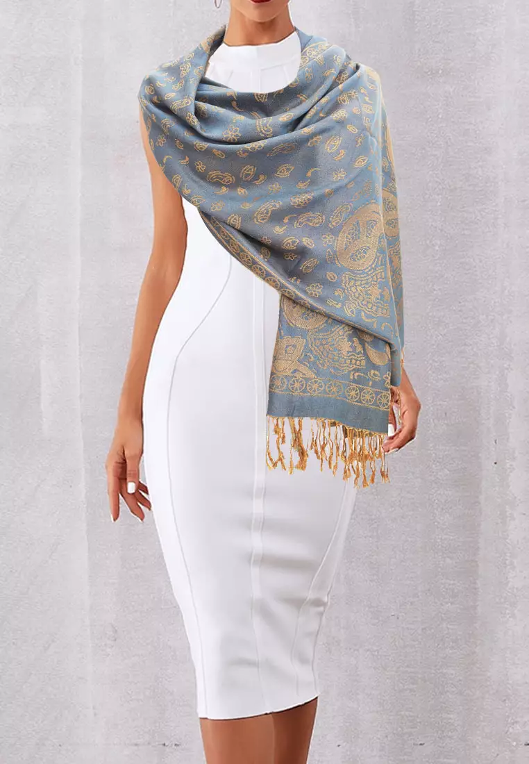 Reversible Viscose Paisley Pattern Skull Pashmina Shawl Syal Wanita Denim Blue