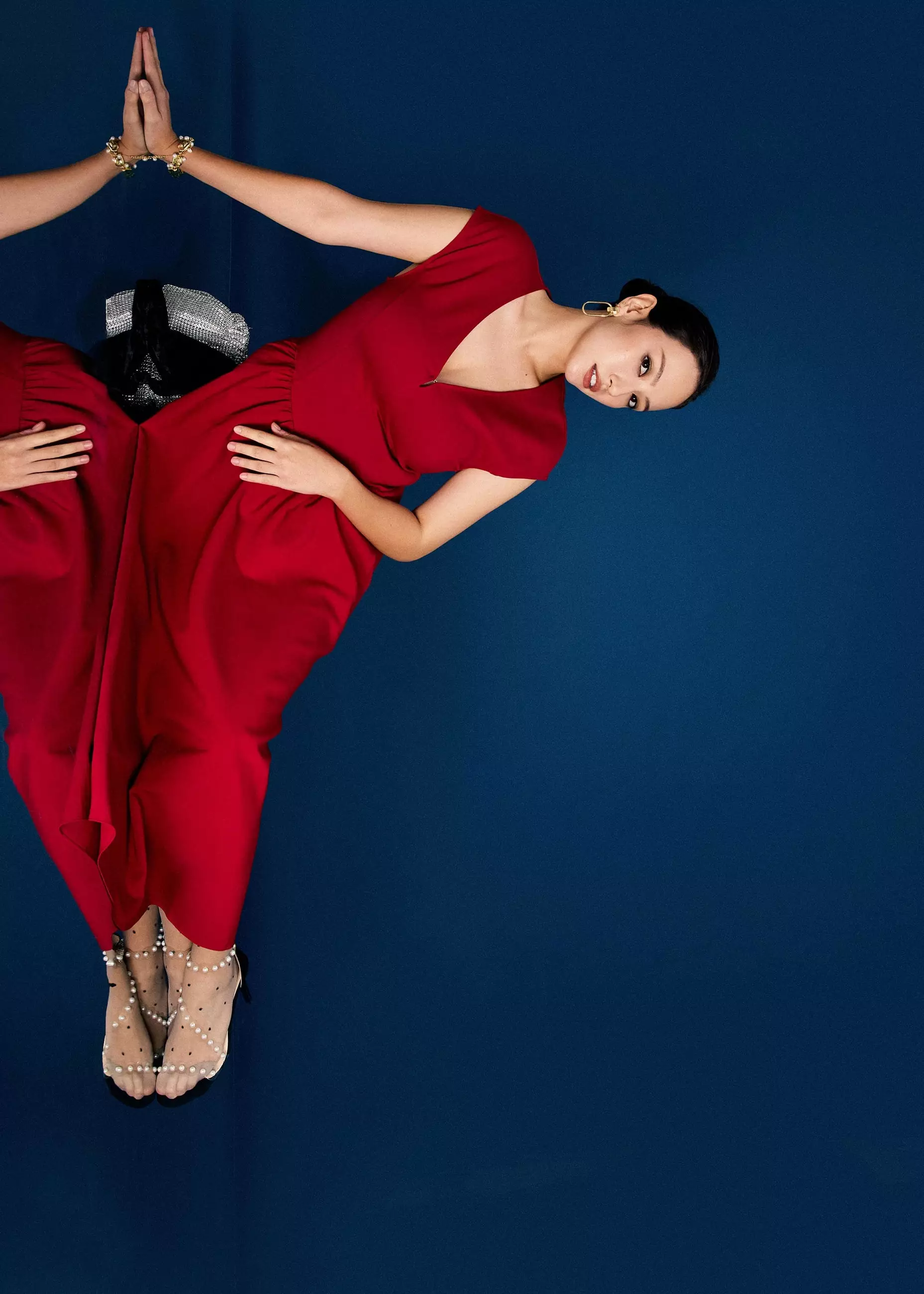 Dress Wanita - Panelled Mixed Fabric V-Neck Fit & Flare Midaxi Dress