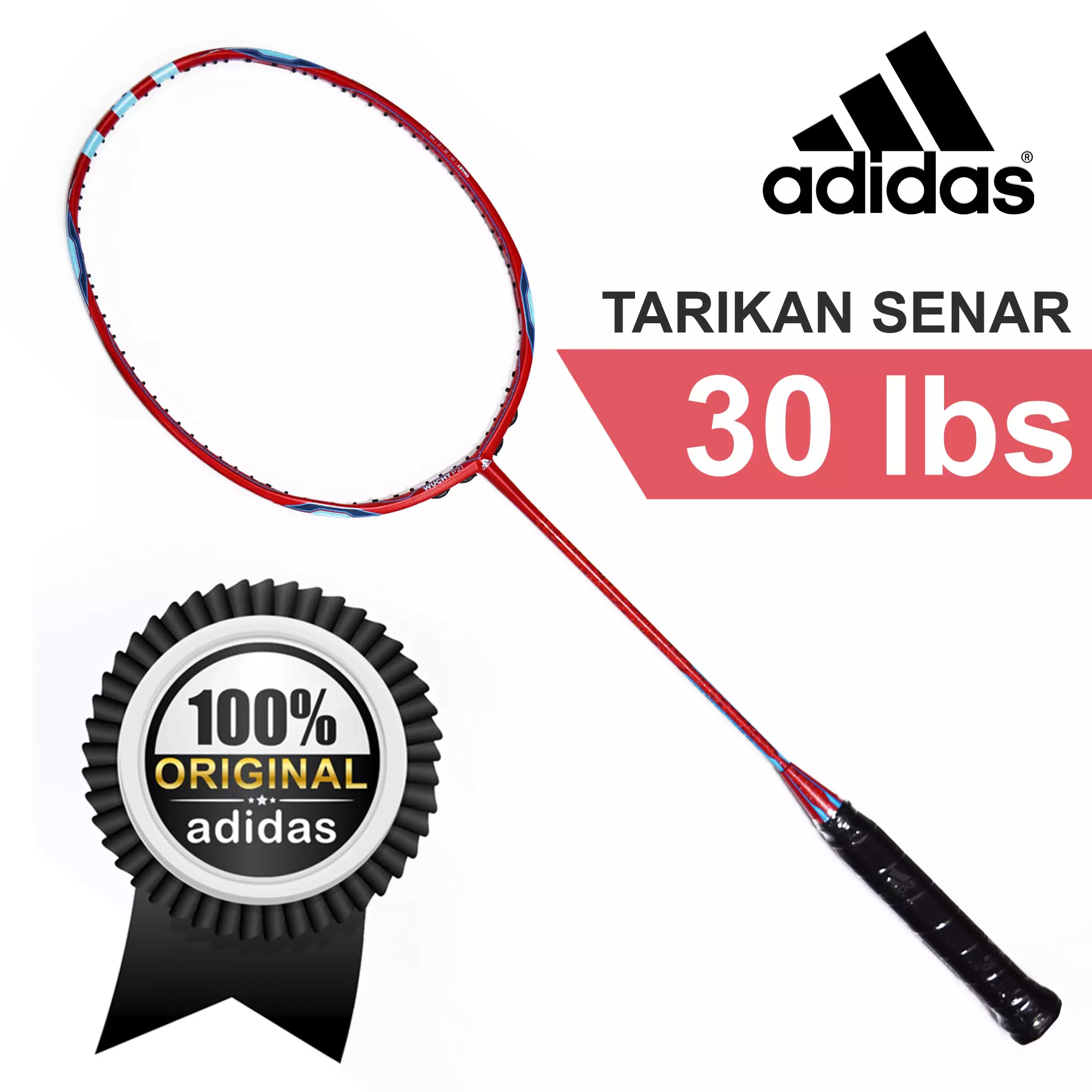 Paket Raket Bulutangkis Badminton Adidas Wucht P2.1 Vivid Red dan Senar Adidas wucht P67.1