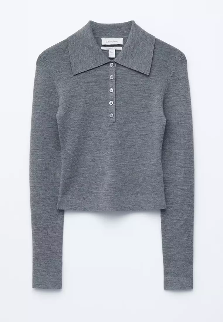 Rib-Knit Merino Wool Polo Top