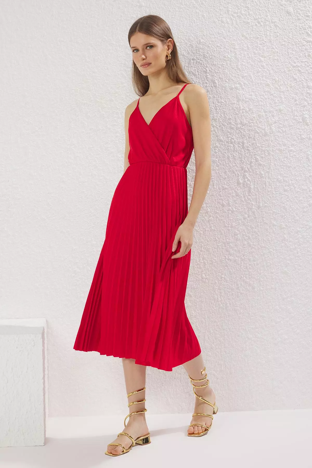 Red Waist Opening Midi Double Breasted Pleated Adjustable Strapped Knit Dress Twoss20El2729