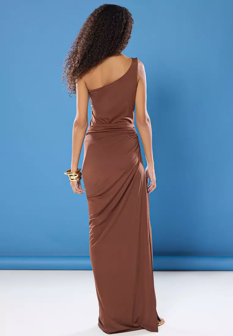 Brown Body-fitting Accessory Detailed Knitted Long Elegant Evening Night Graduation Dress TPRSS25AE00104