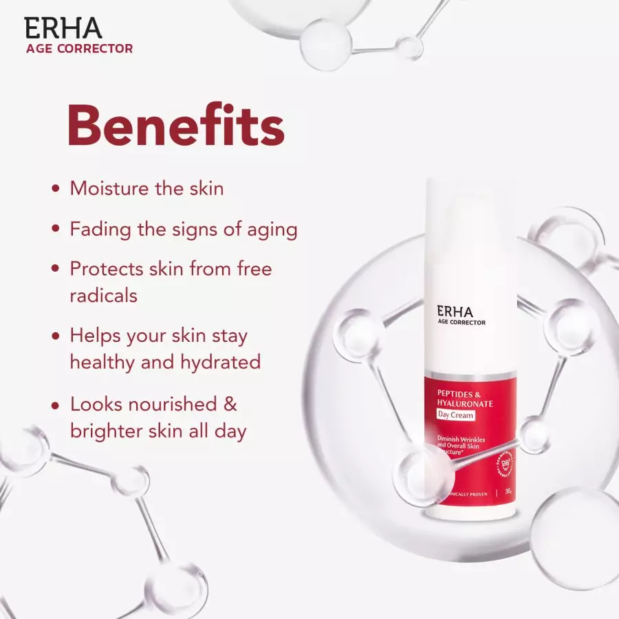 ERHA Age Corrector Peptides & Hyaluronate Day Cream 30g - Pelembap Pagi Anti Aging | Melembabkan | Mencerahkan | Melindungi | Meratakan Warna Kulit | Samarkan Garis Halus Keriput Kerutan | Moisturizer | Anti Penuaan | Pelembab