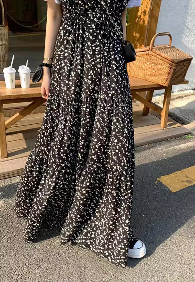 Vintage V-neck patchwork lace camisole dress  CA25032721BK