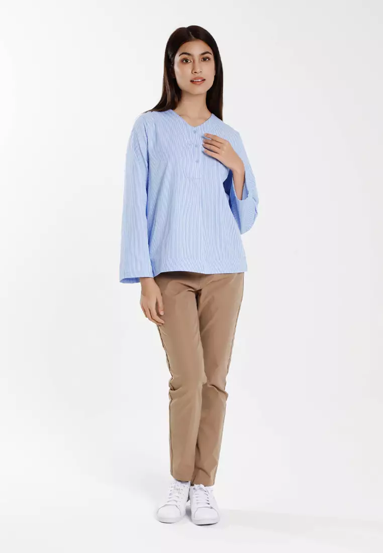 Forest Ladies Poly Cotton Striped V-Neck Blouse Women Long Sleeve Top - 822510-31Blue