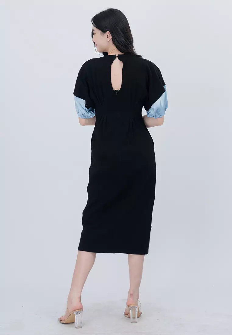 针织泡泡袖可伸缩中长款连衣裙