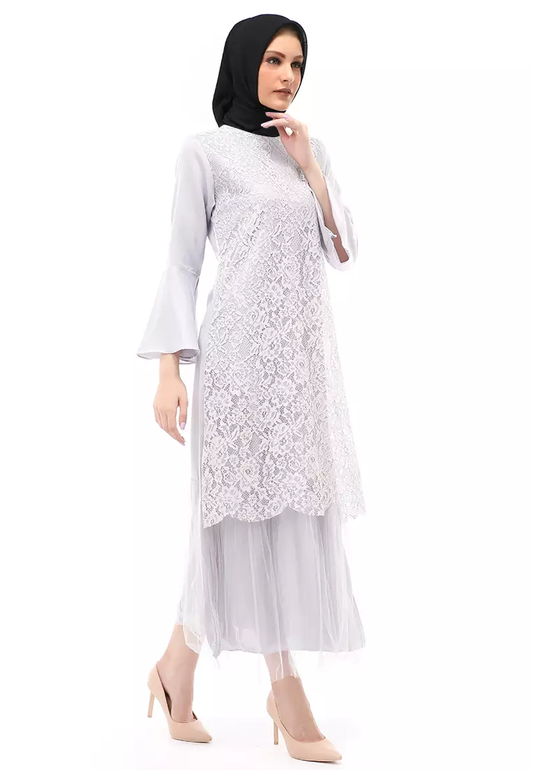 Regita Gamis Brukat Muslimah Wanita Long Dress Regular Fit - Abu