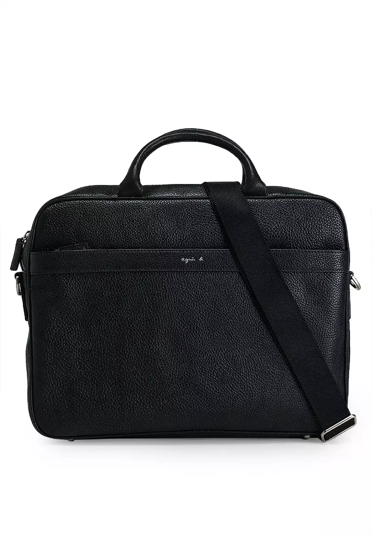 agnes b. Leather Briefcase Black Business Bag Tote Lizard