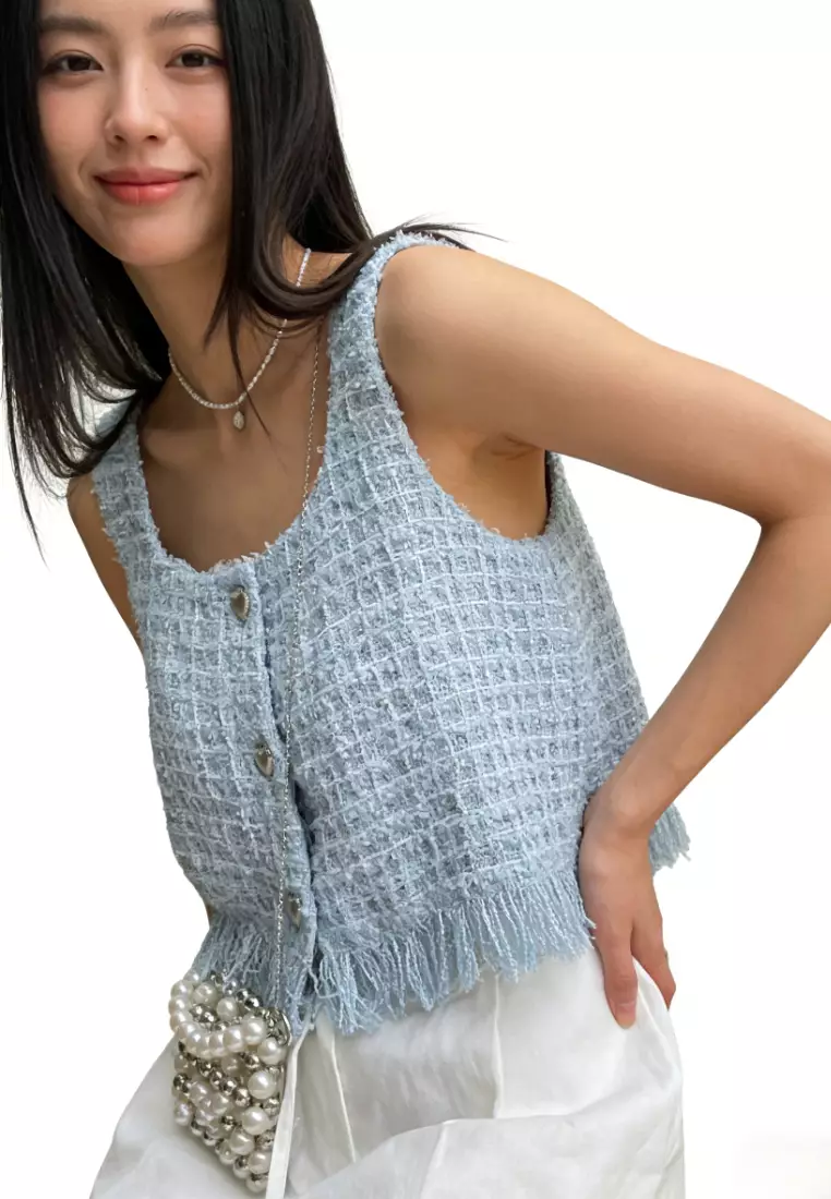 Square Neck Heart Button Fringe Crop Camis CA26031928BL