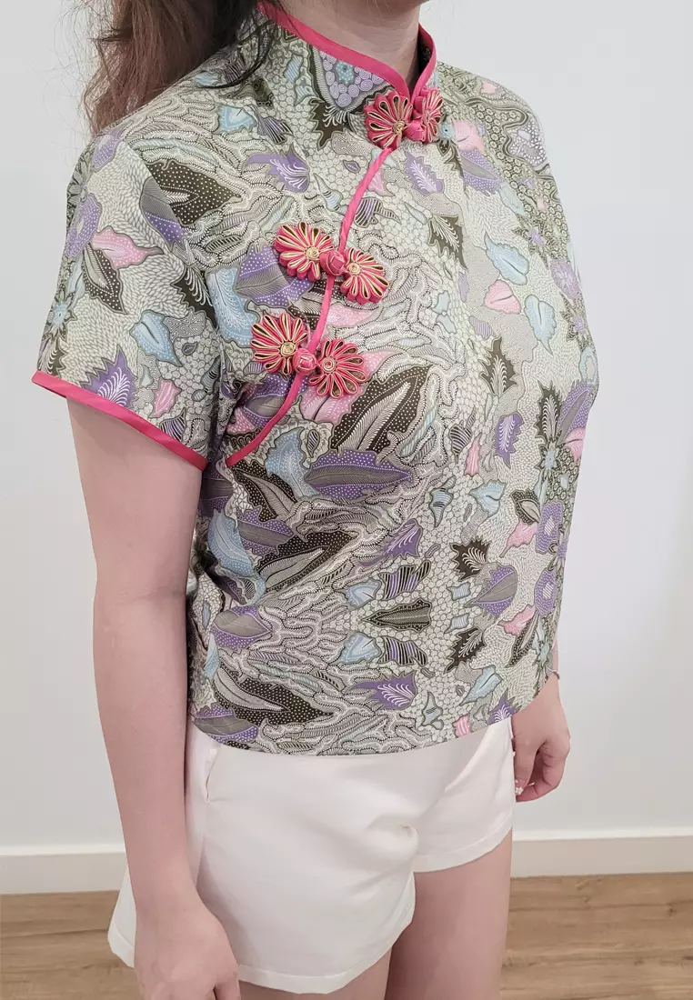 Ivory Cheongsam Cap Sleeves Top Light Green Batik