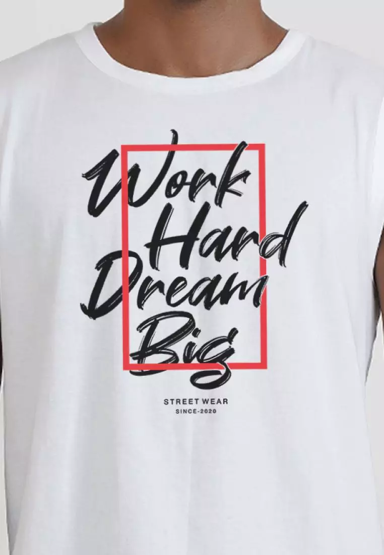 Work Hard Dream 大号白色棉质无袖健身/训练背心