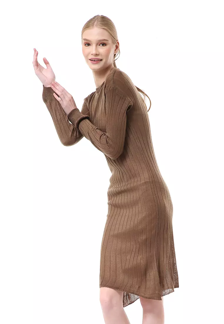 Adela Dress Rajut Tunik Wanita Motif Polos Long Sleeve Relaxed Fit - Bronze