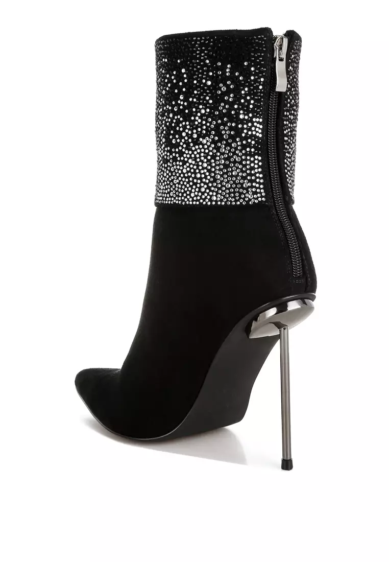 Rhinestones Embellished Foldover Boots in Black
