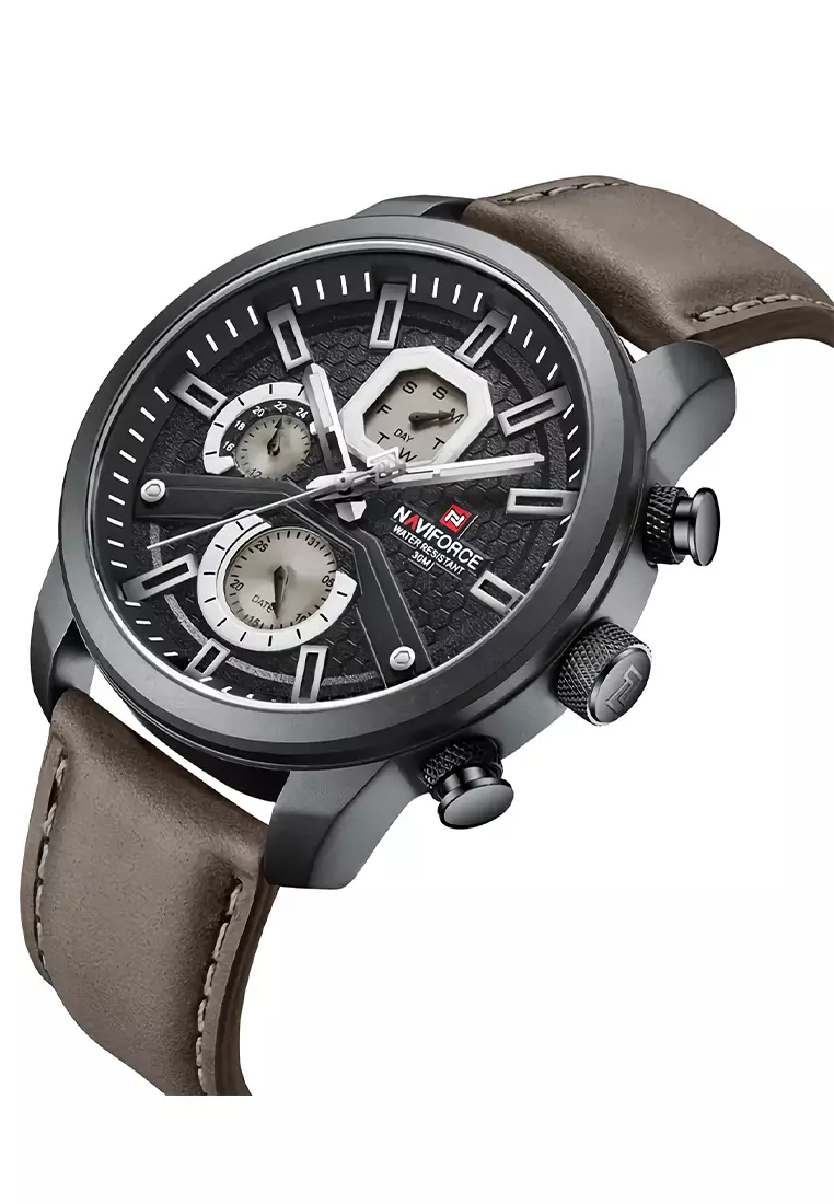 Naviforce - Jam Tangan Pria - Black - Brown Leather Strap - NF9211-L