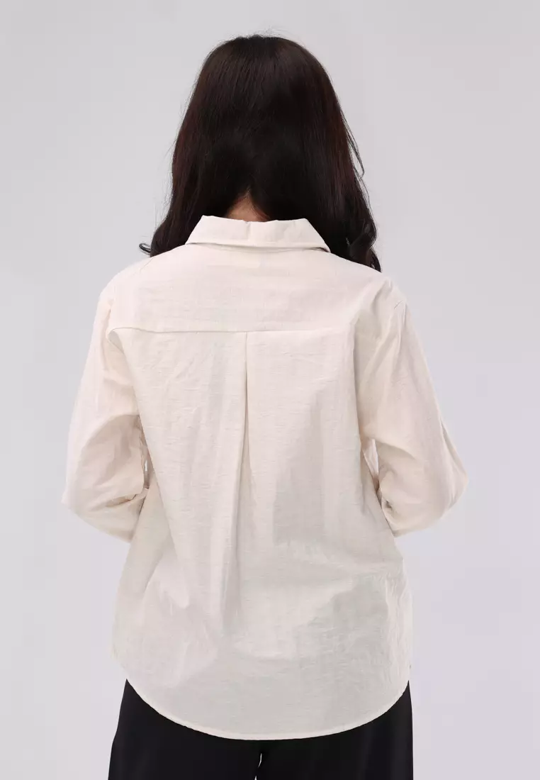 2 Tone Poly Woven Long Sleeves Collared Blouse