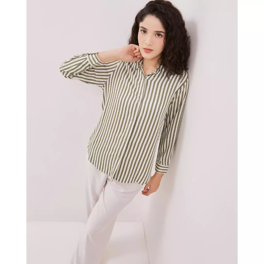 Urban Exchange Lyla Green Stripe Shirt - Atasan Stripe Lengan Panjang Warna Green