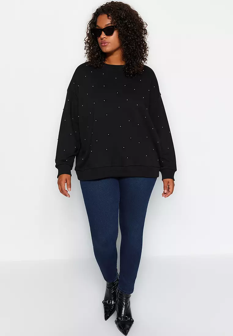 Plus Size Staple Detail Thick Knitted Sweatshirt