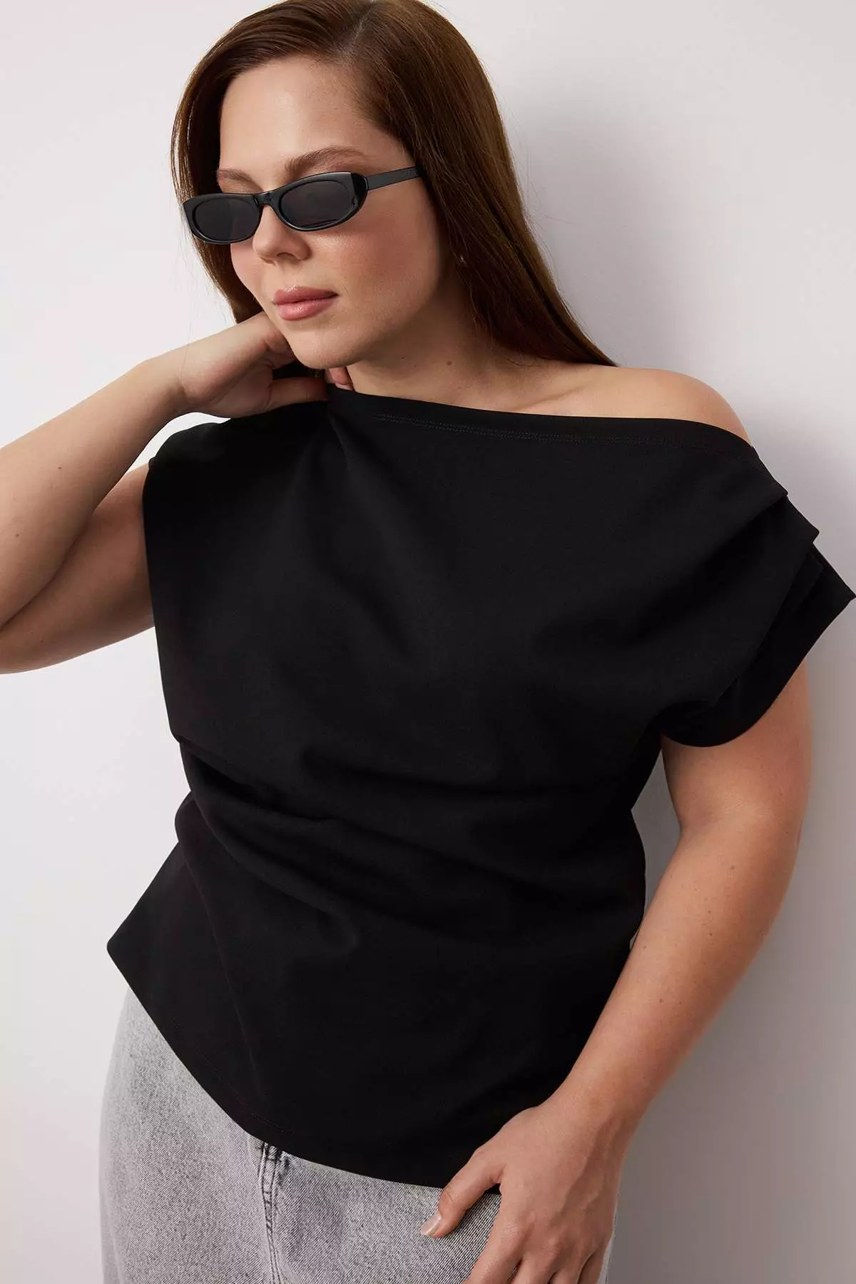 Black Crepe Knit Plus Size Blouse Tbbss25Af00119