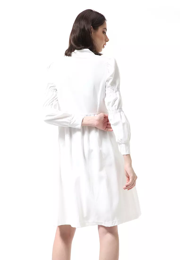 Rachel Dress Midi Kasual Wanita Full Kancing Lengan Bubble Material Cotton ORIGINAL - White