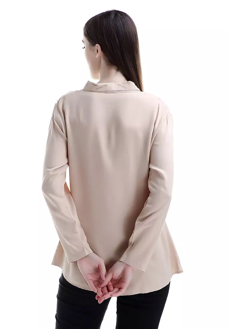 Arabelle Kemeja Kasual Motif Solid Long Sleeve Shirt Woman - Cream