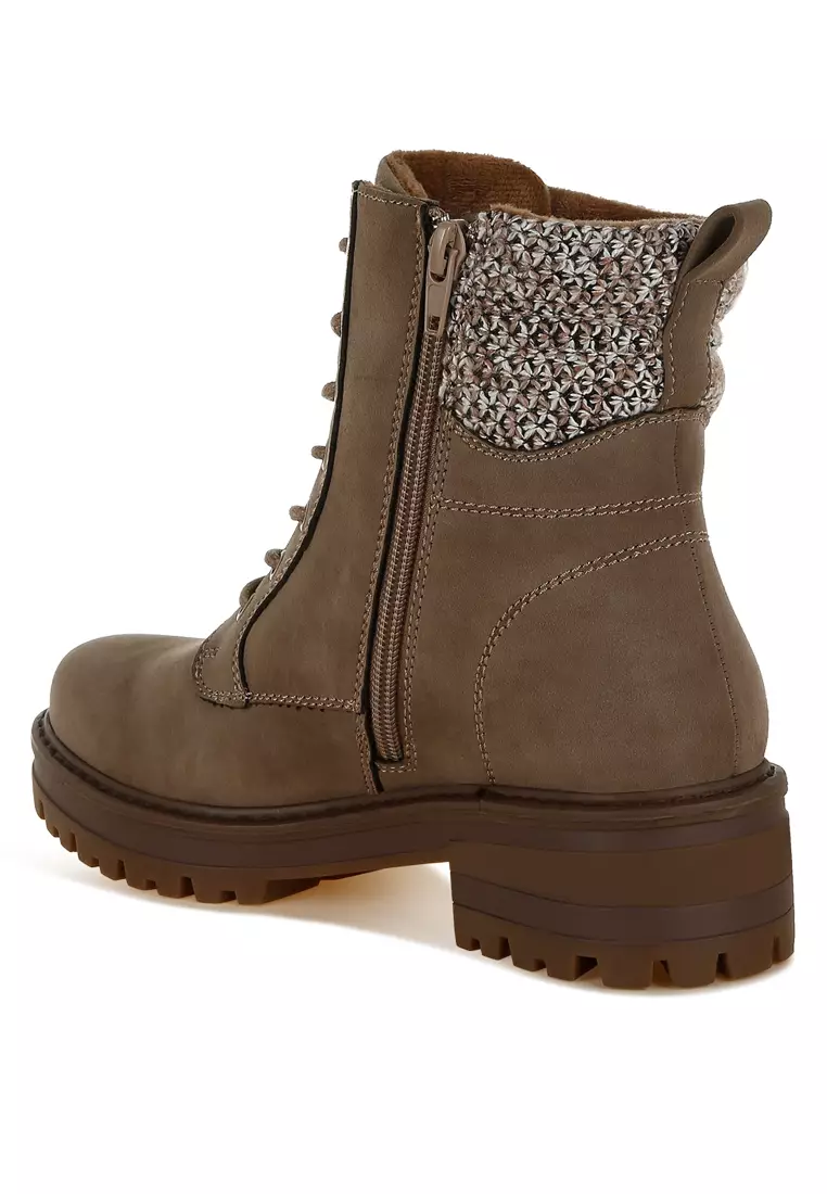 Knitted Collar Zip-Up Hiker Boots in Taupe