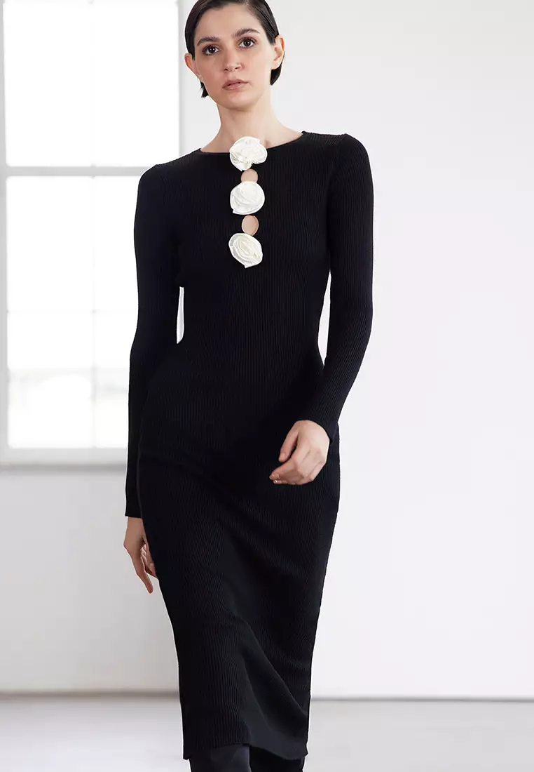Limited Edition Black Maxi Premium Yarn/Special Yarn Knitwear Rose Detail Dress TWOAW25EL00236