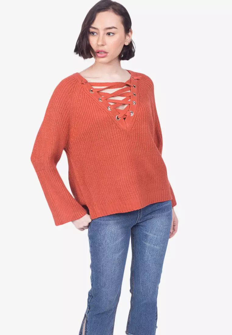 Lace up knit clearance sweater