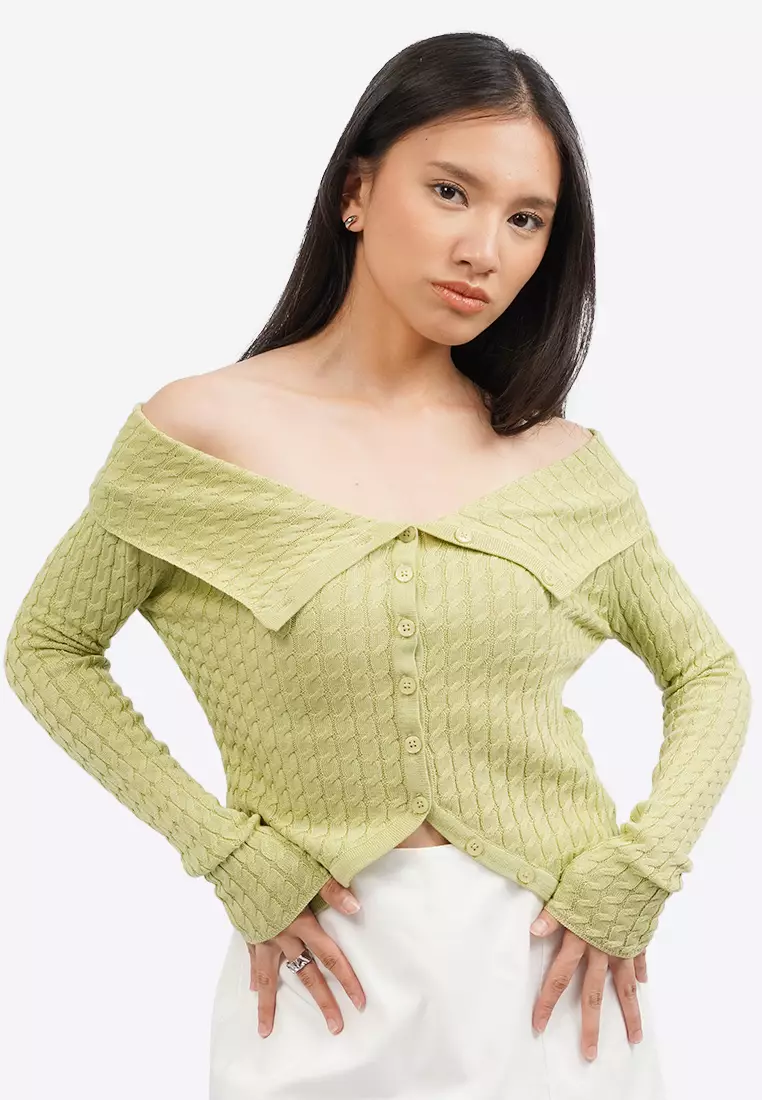 Off Shoulder Long Sleeve Knit Top