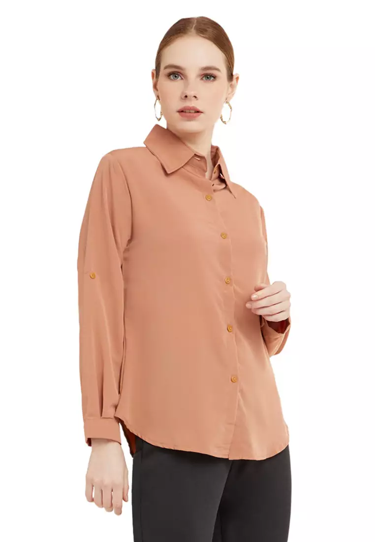 Kemeja Kerja Polos Plain Wanita Lengan Panjang Reguler Fit Premium Quality - Coklat