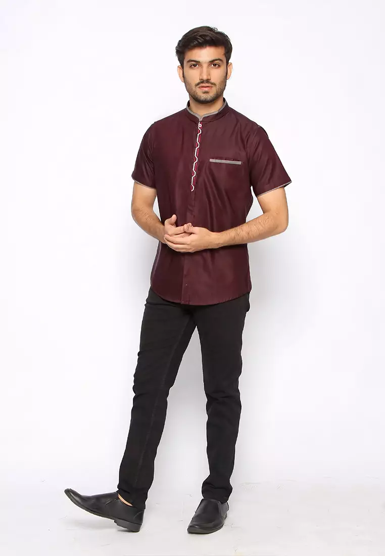 Casella Baju Koko Pria Lengan Pendek Premium | Baju Koko Nasser Embroidery Muslim Dewasa 4066 Maroon