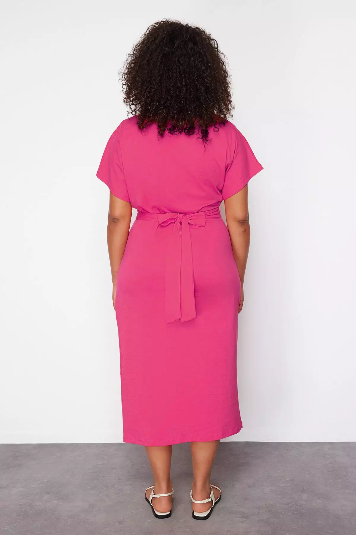 Pink Straight Cut Tie Detail With Slits Maxi/Long 100% Cotton Knitted Plus Size Dress Tbbss22El1640