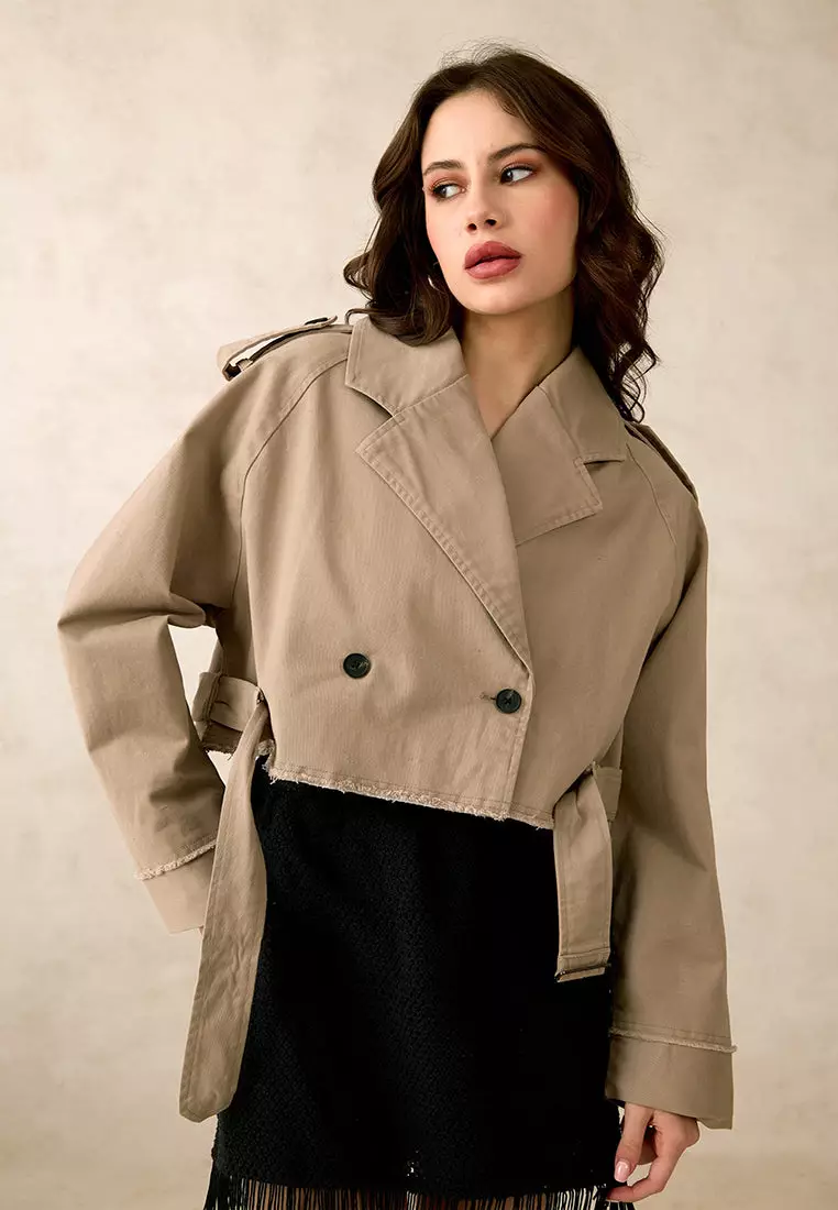VIRGIO Cotton Stretch Beige Crop Trench Coat