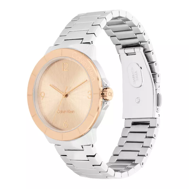 Jam Tangan Wanita Calvin Klein 25100025 Rose Gold Linear Texture Dial Stainless Steel Strap