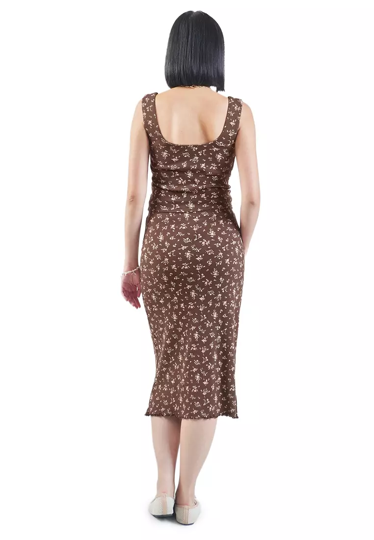 Ditsy Floral Print Pointelle Jersey Mermaid Midi Skirt W/ Bow And Lace Details