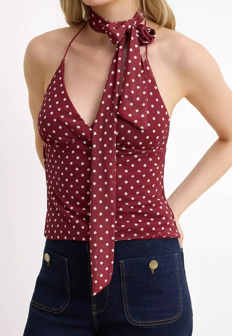 Burgundy Polka Dot Fitted Halter Neck Tulle Knitted Blouse With Scarf Twoss26Bz488