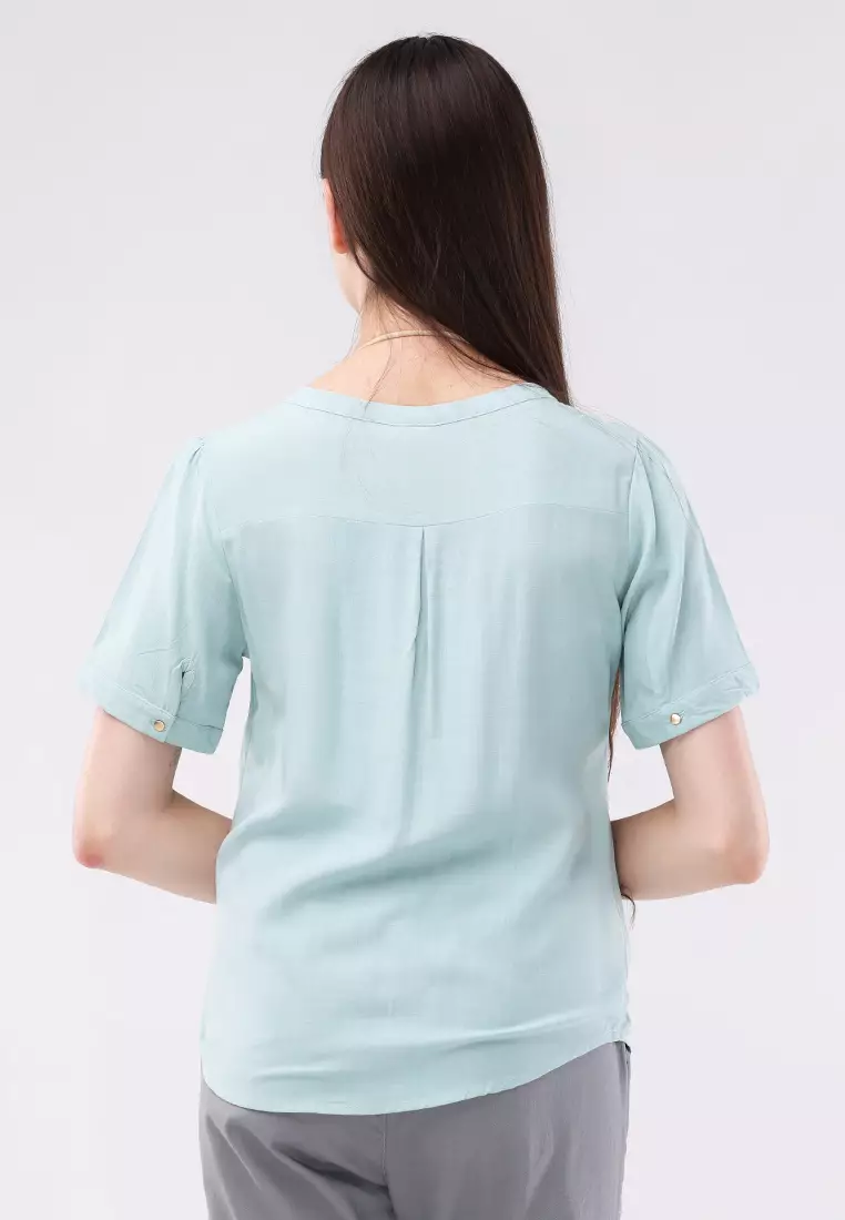 Woven Plain Soft Linen Short Sleeve Blouse