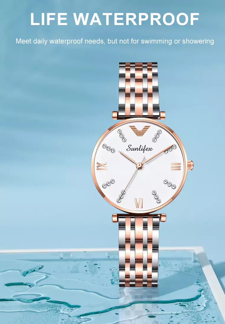 Jam Tangan Wanita Berlian 9018 Original Anggun Santai Wanita Tali Stainless Steel Jam Tangan Cewek rose white