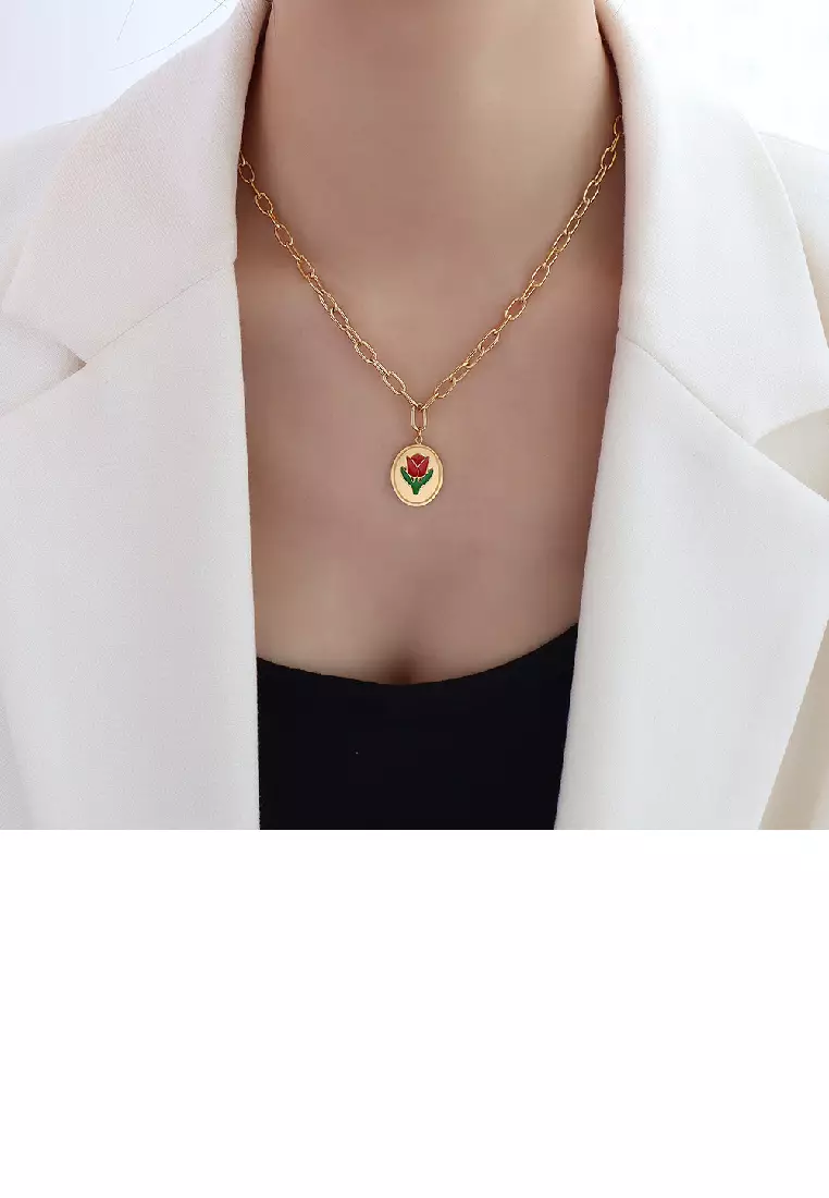 Glamorousky Fashion Temperament Plated Gold 316L Stainless Steel Enamel Tulip Geometric Oval Pendant with Necklace