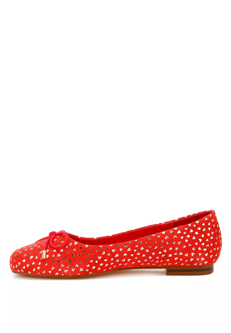 Bow Detail Embossed Suede Ballerinas Red