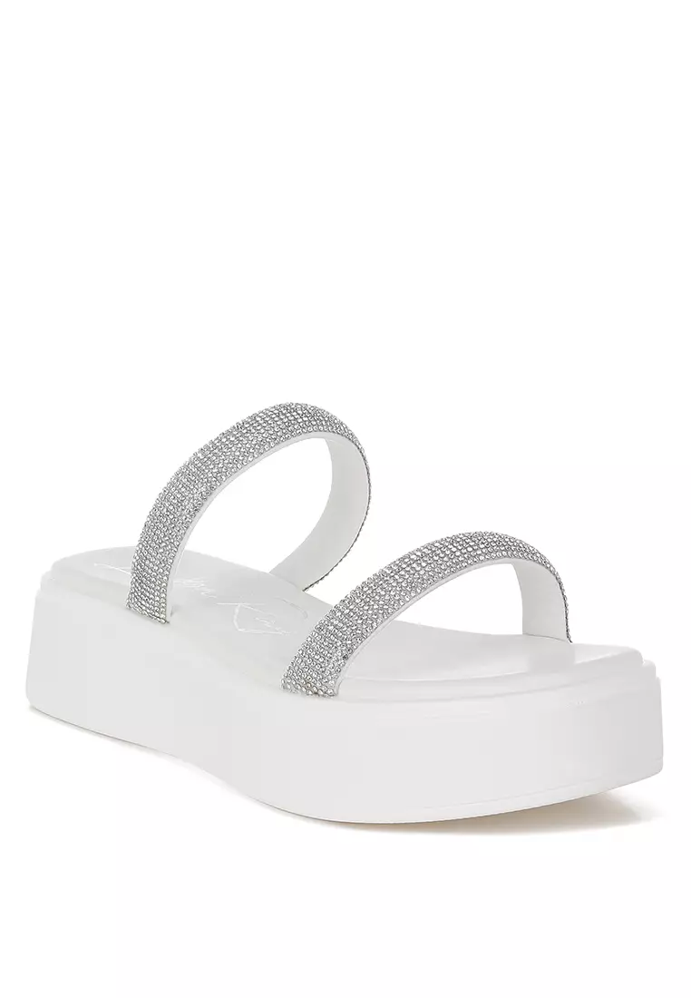 Sandal Platform Berhias Berlian Imitasi Tebal Warna Putih