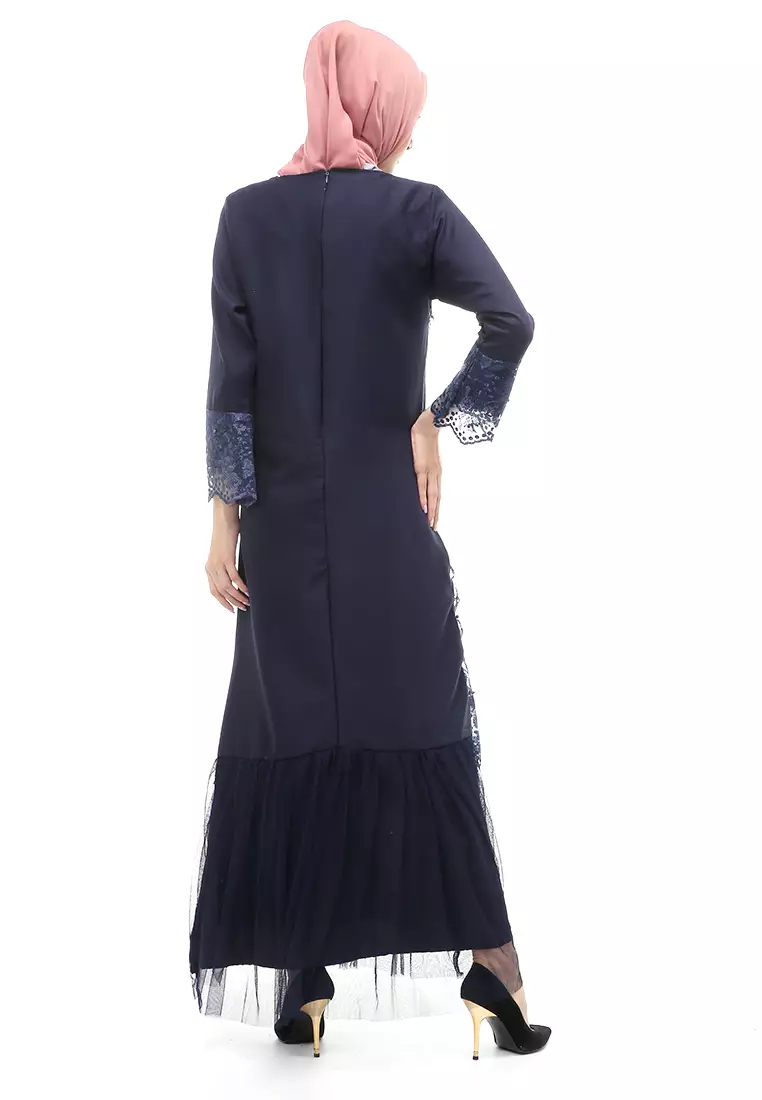 Diana Gamis Brukat Wanita Muslimah Lapis Moscrepe Premium Quality - Navy