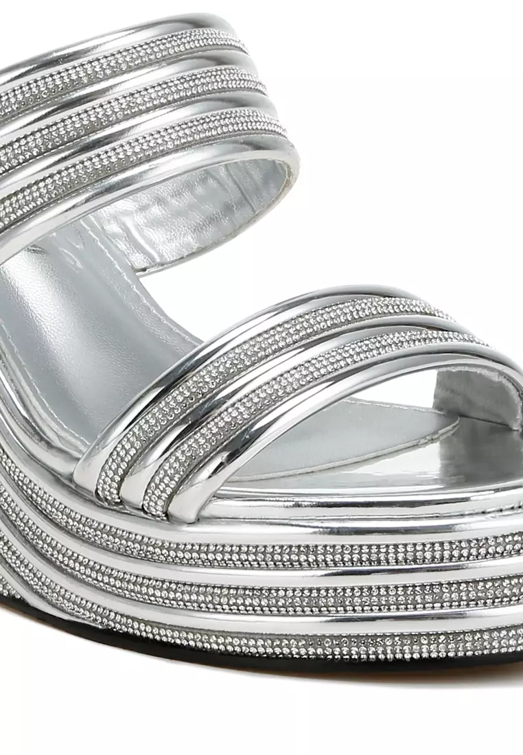 Metallic Faux Leather Wedge Sandals in Silver