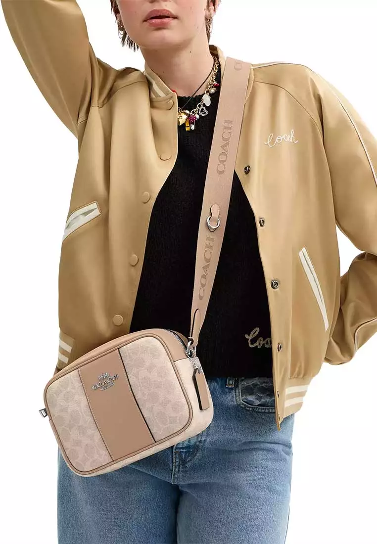 COACH Jamie Camera Bag In Signature Canvas With Stripe Sand/Taupe