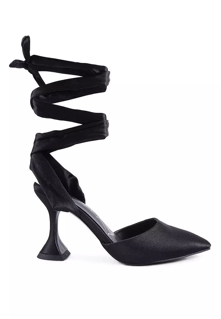 Black Kitten Heel Tie Up Satin Sandals
