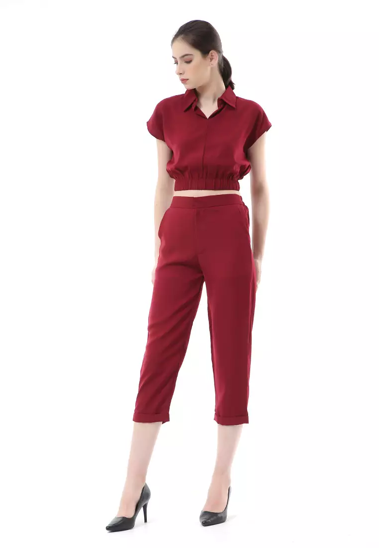 Nayra One Set Setelan Atasan Crop Karet Lengan Pendek Basic Pants Wanita Material Dolce ORIGINAL - Maroon