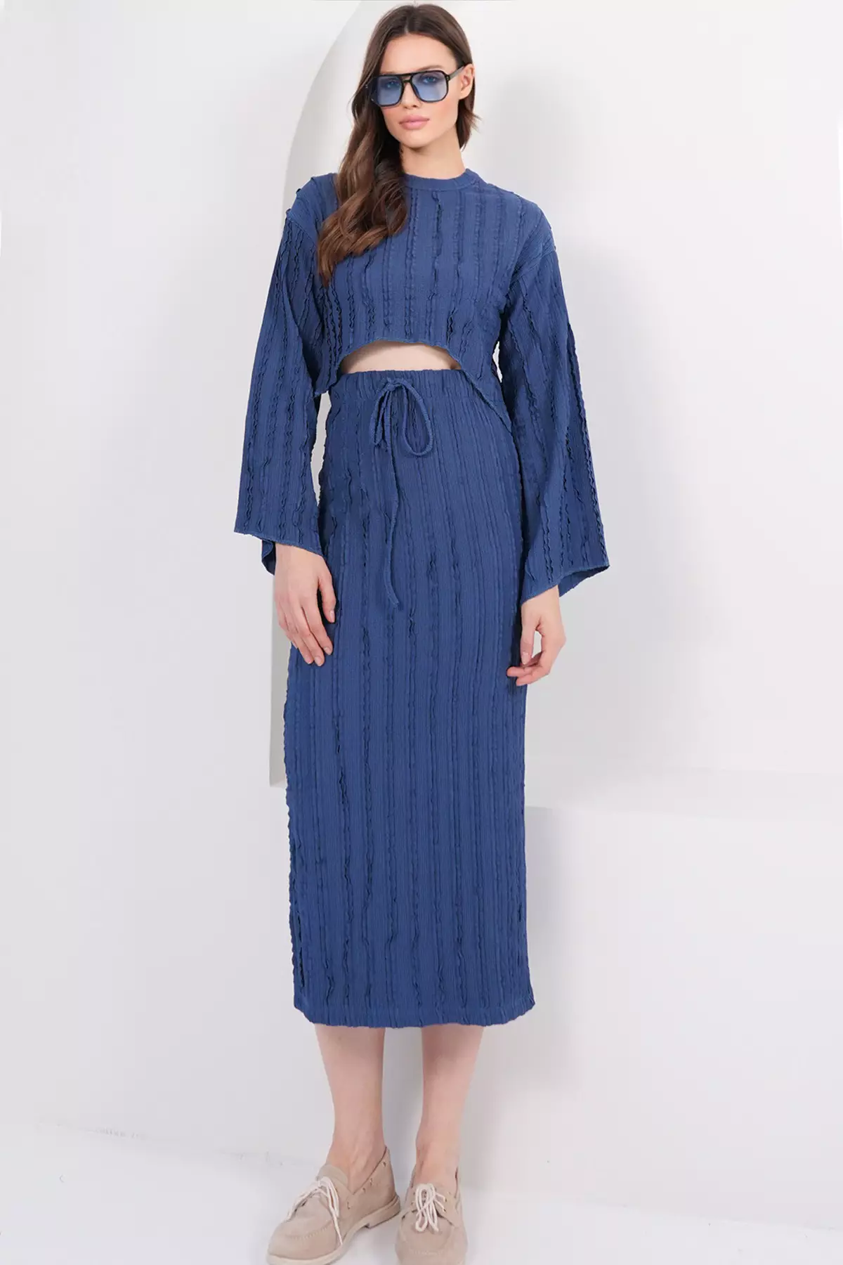 Navy Blue Asymmetrical Cut Blouse And Skirt Set With Stitching Detail Alc-X14808