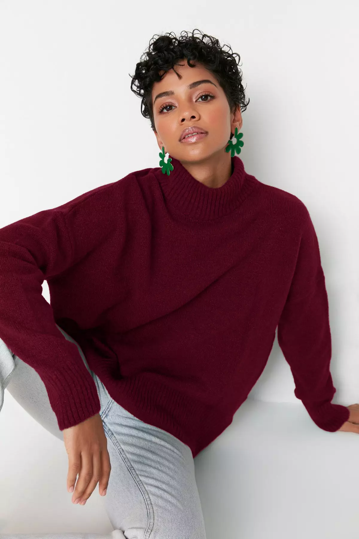 Claret Red Wide Pattern Soft Textured Stand Collar Knitwear Sweater