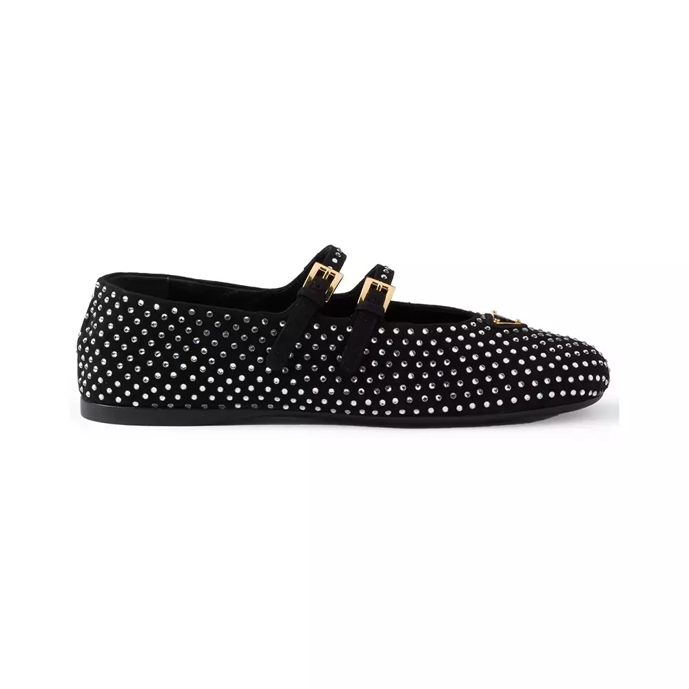 PRADA 25S CRYSTAL EMBELLISHED BALLERINA IN WHITE AND BLACK FUR